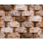 Fachaleta tipo piedra 30x45-cafe-foncer-plomeria garcia-ok | Plomería García Stacked beige and brown stone veneer wall with rectangular blocks and vertical joints.