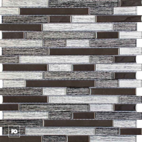 Decorative tile wall made of staggered rectangular bricks in dark brown and weathered gray textures.