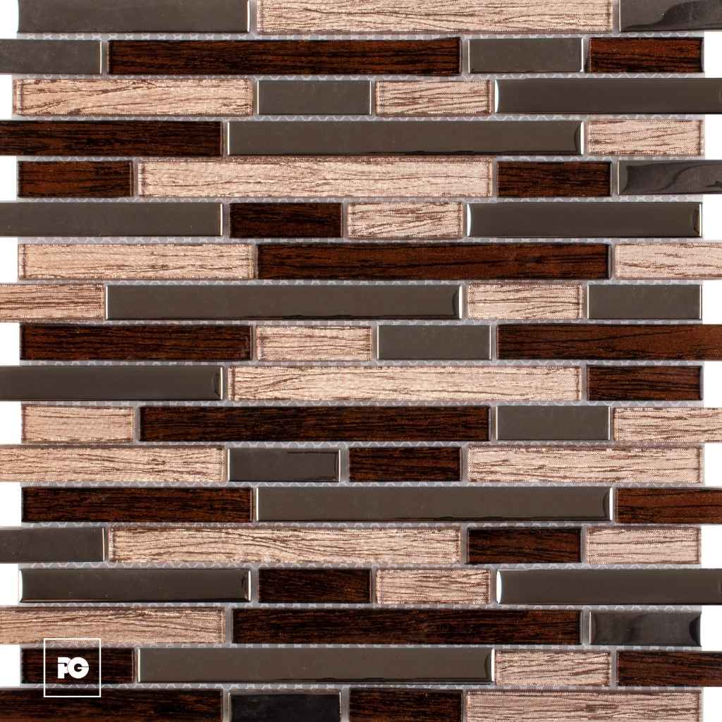 Close-up of a brown and gray tile mosaic arranged in a staggered brick pattern, with wood-grain and smooth rectangular tiles; PG logo appears in the bottom-left corner.