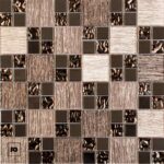 Decorative mosaic tile wall with alternating wood-grain and glossy brown squares.