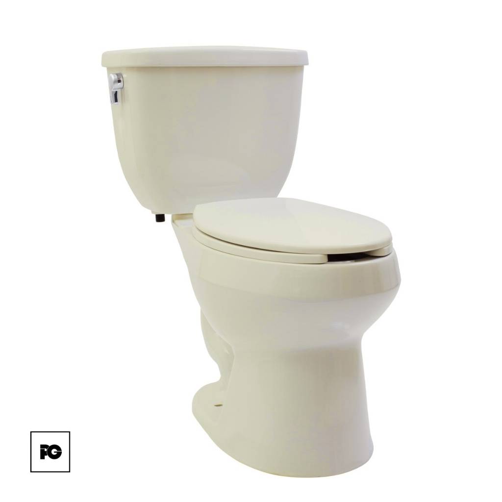 White ceramic toilet with tank and closed seat, photographed against a plain white background.