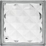 Decorative square glass dish with a faceted, diamond-patterned interior and a small fg logo in the bottom-left corner.