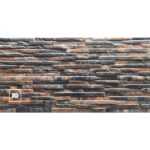 Fachaleta oxido-30x60-teide-cenezzia-ok | Plomería García Textured stone veneer wall with horizontal dark gray and brown bricks; small white fg logo in the bottom-left corner
