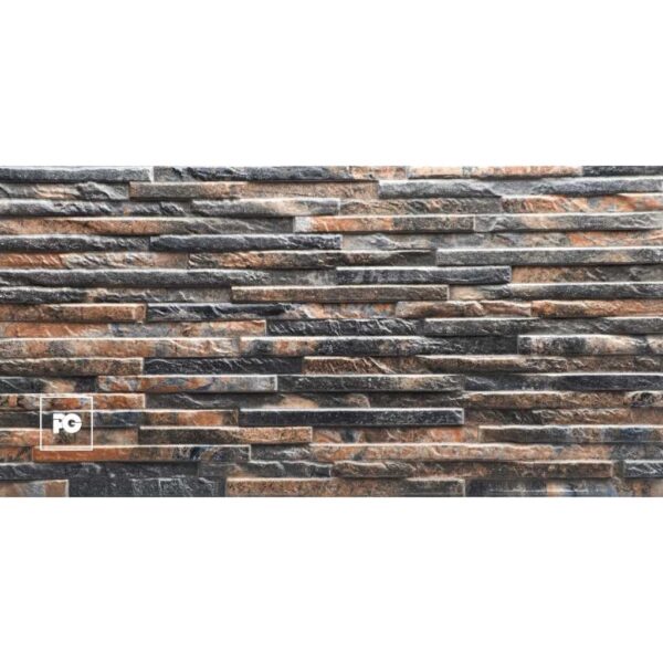 Textured stone veneer wall with horizontal dark gray and brown bricks; small white fg logo in the bottom-left corner