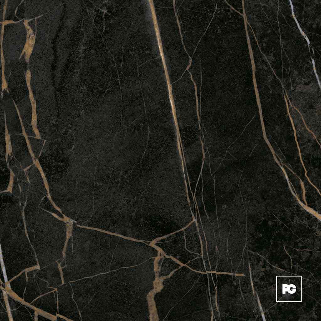 Piso ceramico color negro-60x60-brillante-interior-aster-vitromex-ok | Plomería García Dark marble texture with gold veins, bottom-right logo overlaid in a white square.