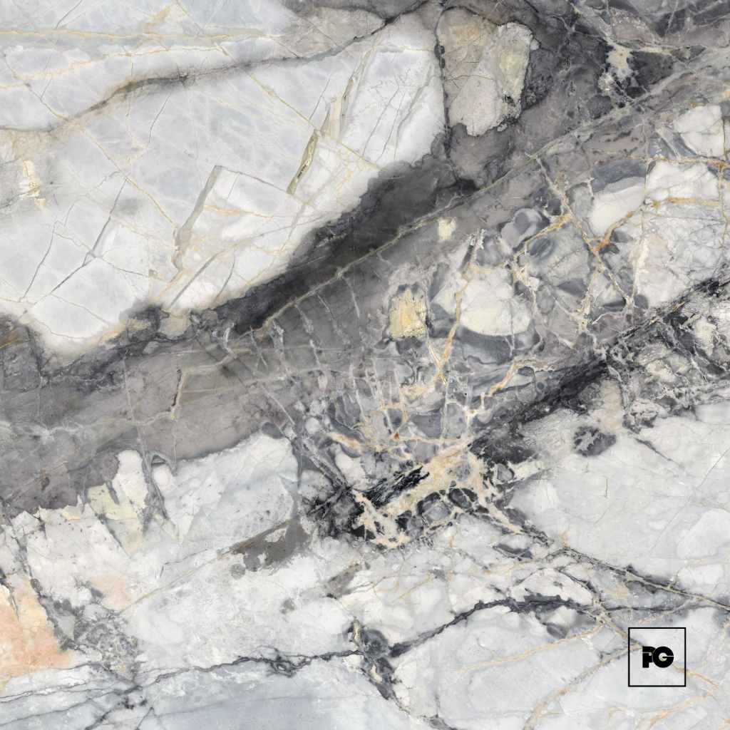 Piso ceramico color plata-60x60-brillante-interior-supreme-lamosa-ok | Plomería García Close-up of gray and white marble with gold veining; fg logo in bottom-right corner
