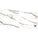 Piso porcelanico rectificado color gold-60x120-pulido-interior-pompeii-castel-3-ok | Plomería García White marble texture with gray veins, two panel layout, small pg logo in a black square bottom-right.