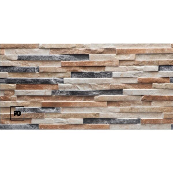 Stone veneer wall with horizontal rows of beige, brown, and gray bricks; small black fg logo in the bottom-left corner.