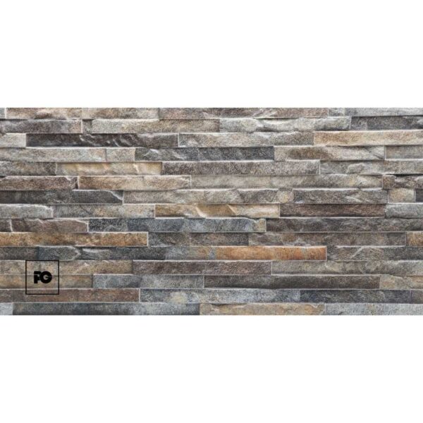 Stone veneer wall with irregular gray-brown stones and a small black fg logo in a square at the lower-left corner