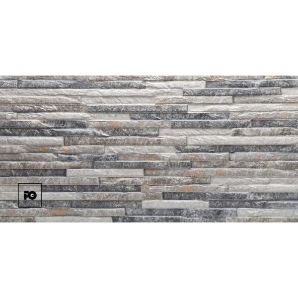Gray stacked stone veneer wall pattern with varied rectangular tiles; pg logo in the bottom-left corner.