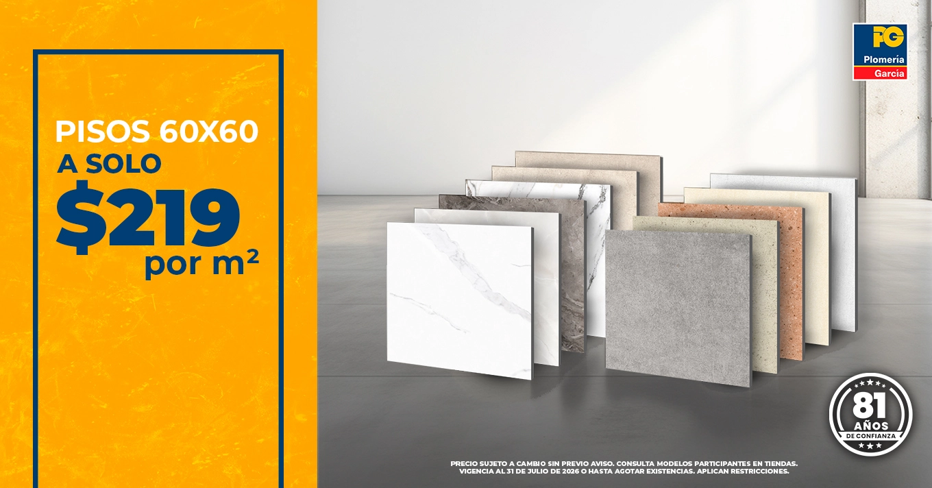 Promotional banner for 60x60 floor tiles: orange panel with price '$219 por m²' and a row of sample tiles on a gray floor.